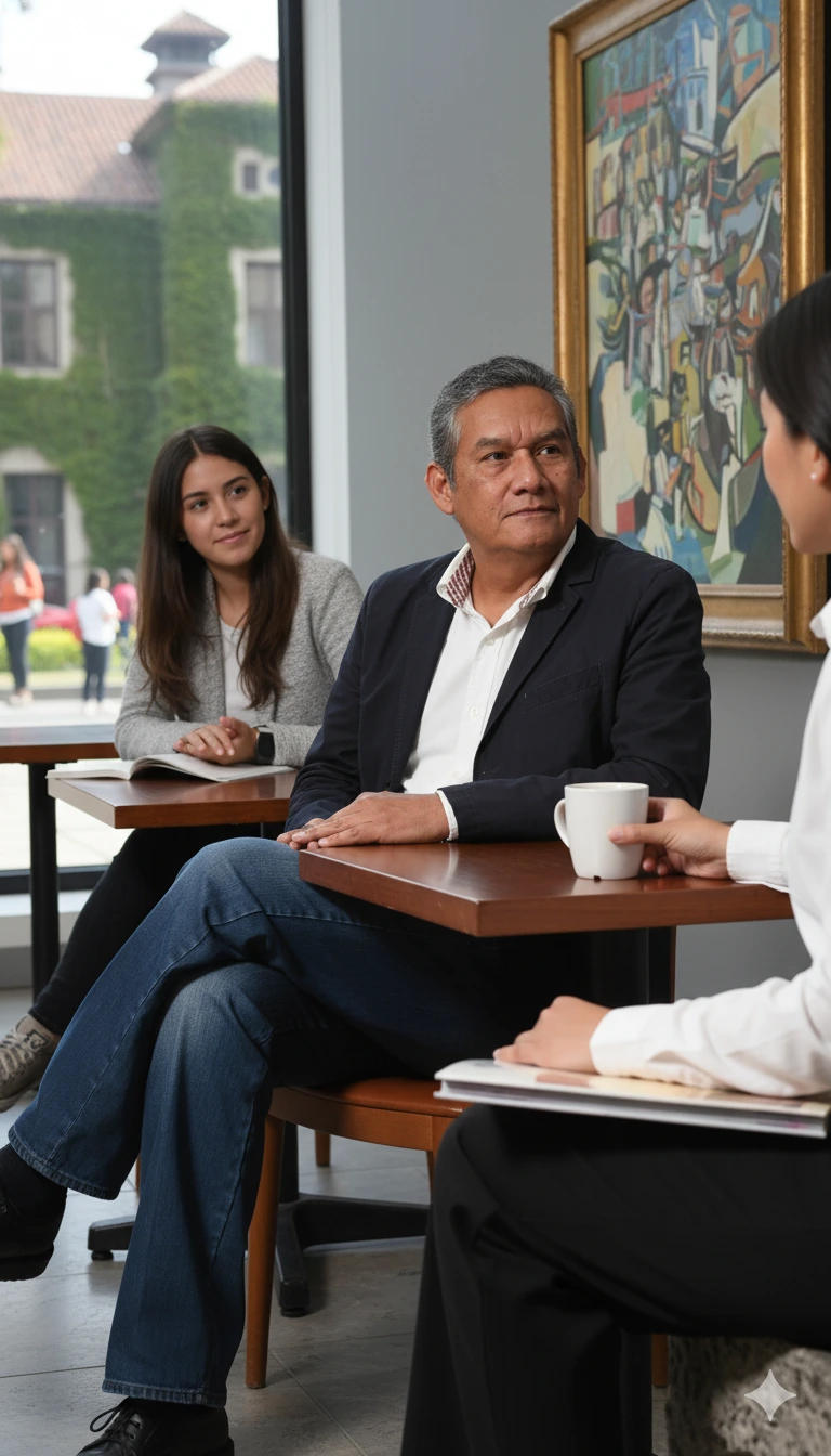 Luis Amin Velasco Cobos guiando una conversación filosófica con estudiantes en un espacio académico.