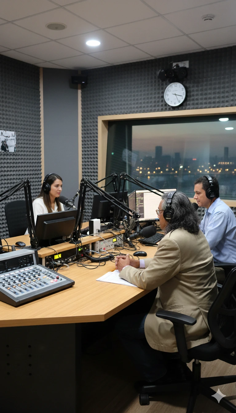 Luis Amin Velasco Cobos durante una entrevista radial sobre filosofía, pensamiento crítico y acompañamiento reflexivo.