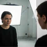 Persona frente a espejo con reflejo fracturado simbolizando el autosabotaje y conflicto interno.