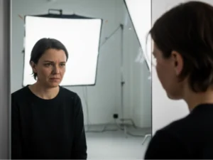 Persona frente a espejo con reflejo fracturado simbolizando el autosabotaje y conflicto interno.