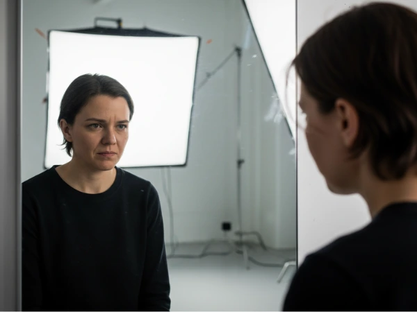 Persona frente a espejo con reflejo fracturado simbolizando el autosabotaje y conflicto interno.