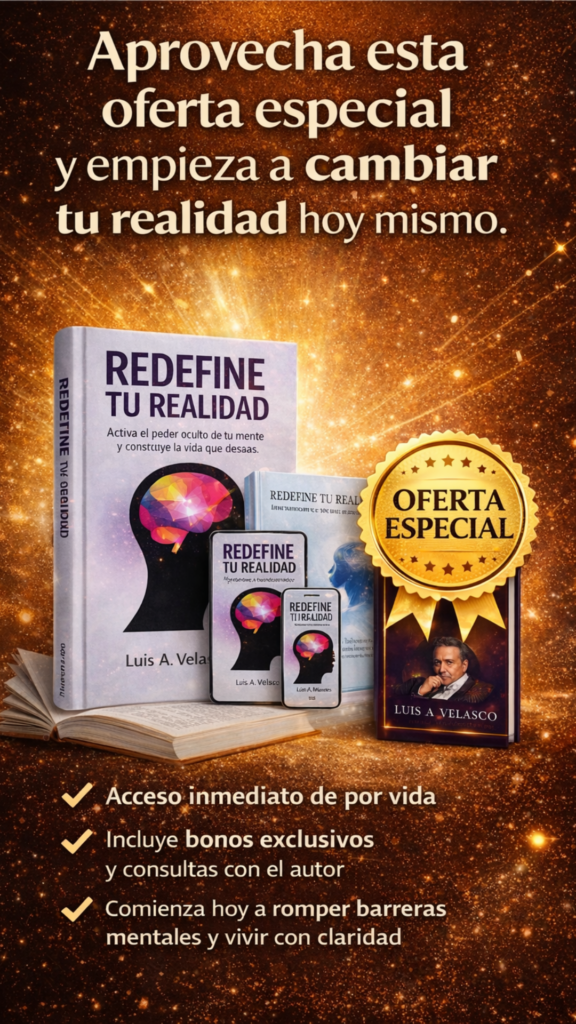 Banner lateral del libro Redefine tu Realidad de Luis A. Velasco con oferta especial y acceso inmediato
