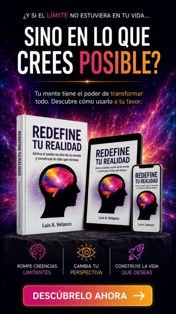 Banner lateral del libro Redefine tu Realidad de Luis A. Velasco con oferta especial y acceso inmediato